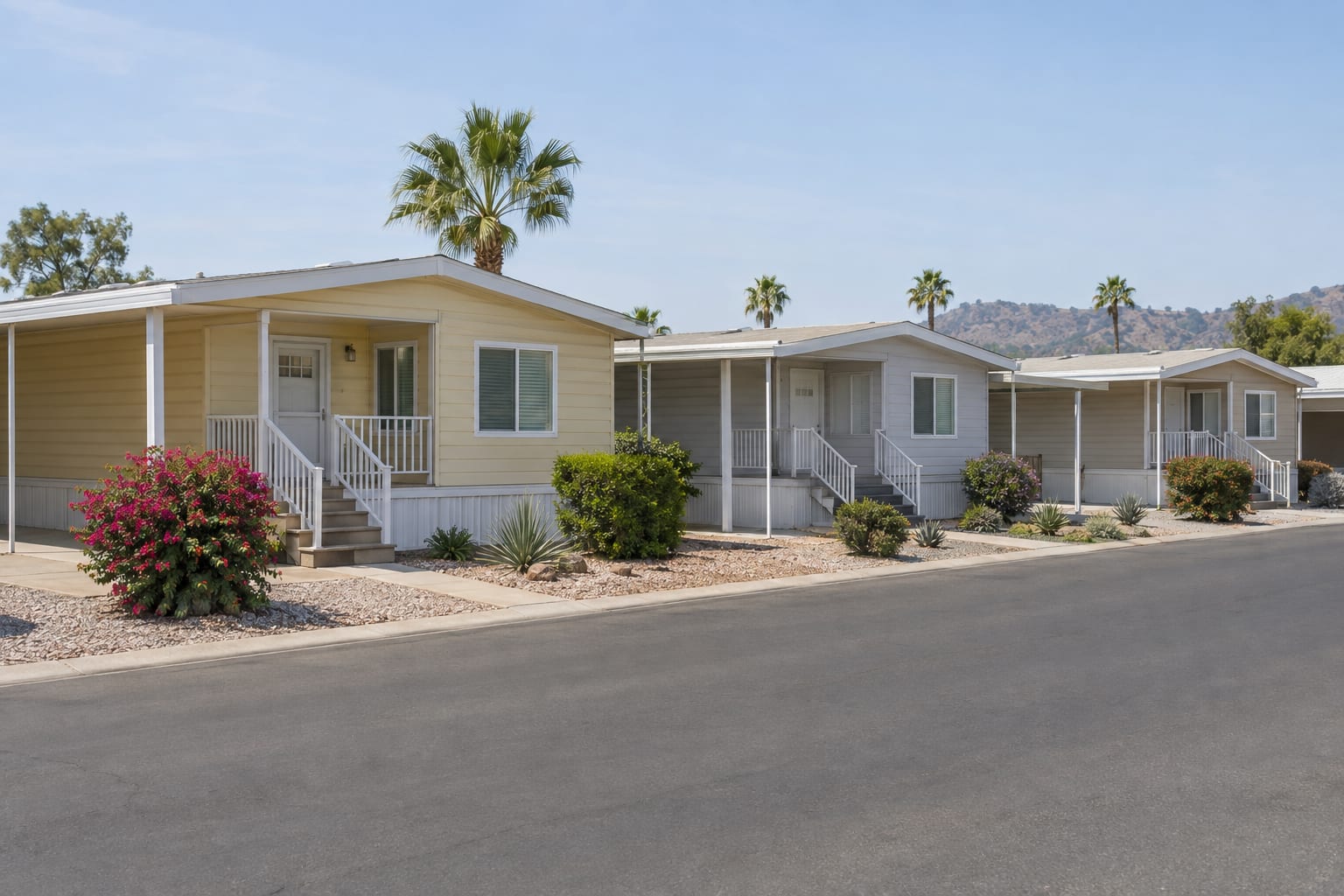 Three similar double-wide manufactured homes with carports side by side along a community street.