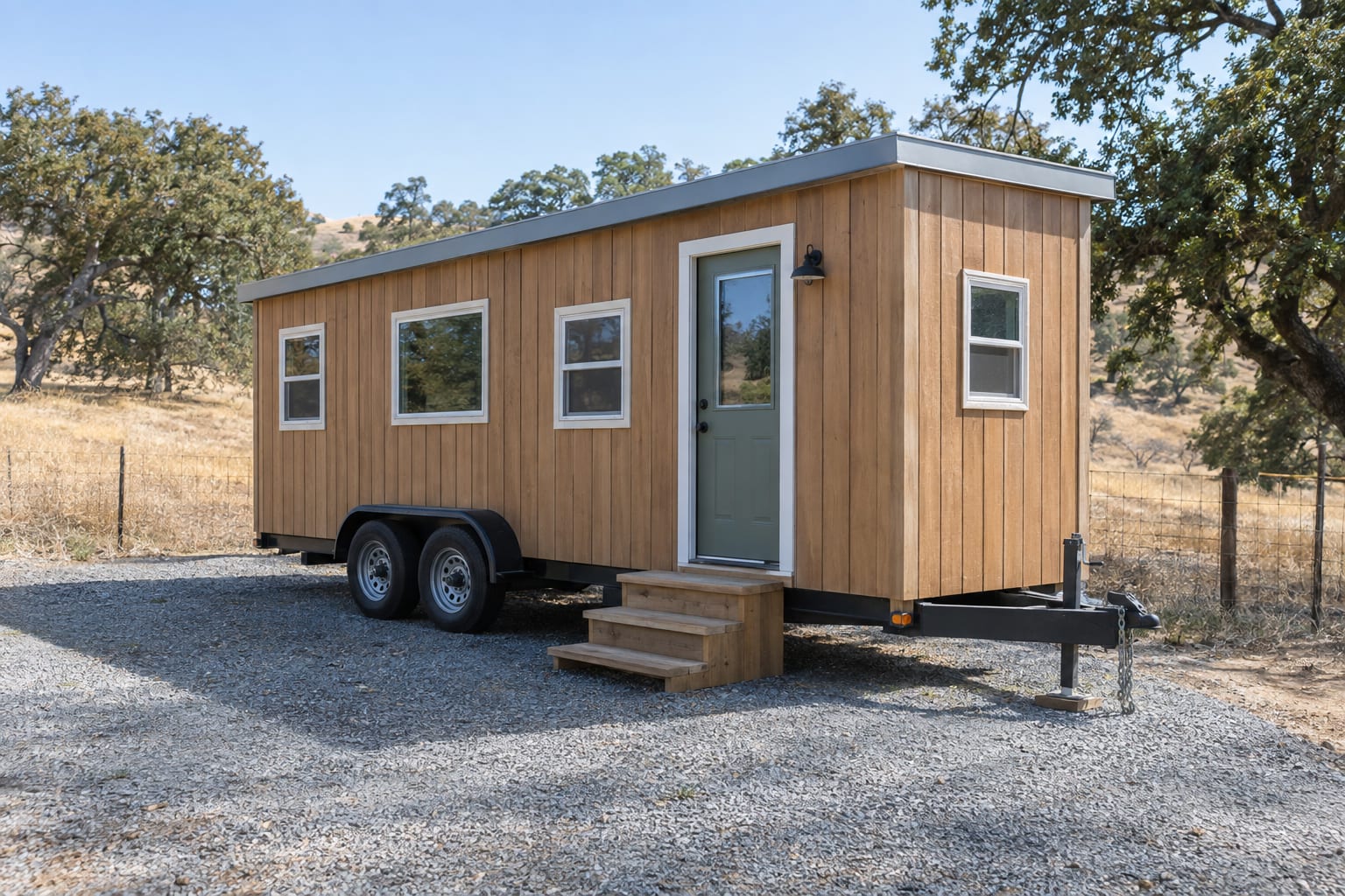 A tiny house with wood siding and a metal roof, built on a trailer with its wheels and tongue visible, parked on a gravel pad.