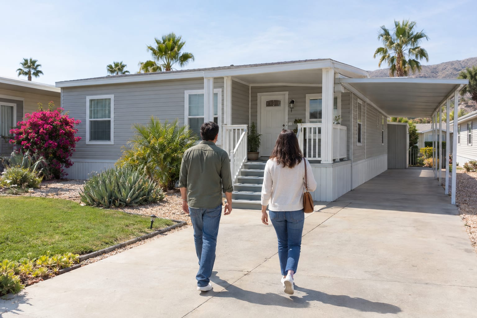 Two adults seen from behind walking up the driveway toward the front steps of a double-wide manufactured home with white skirting and a carport, under a clear sky