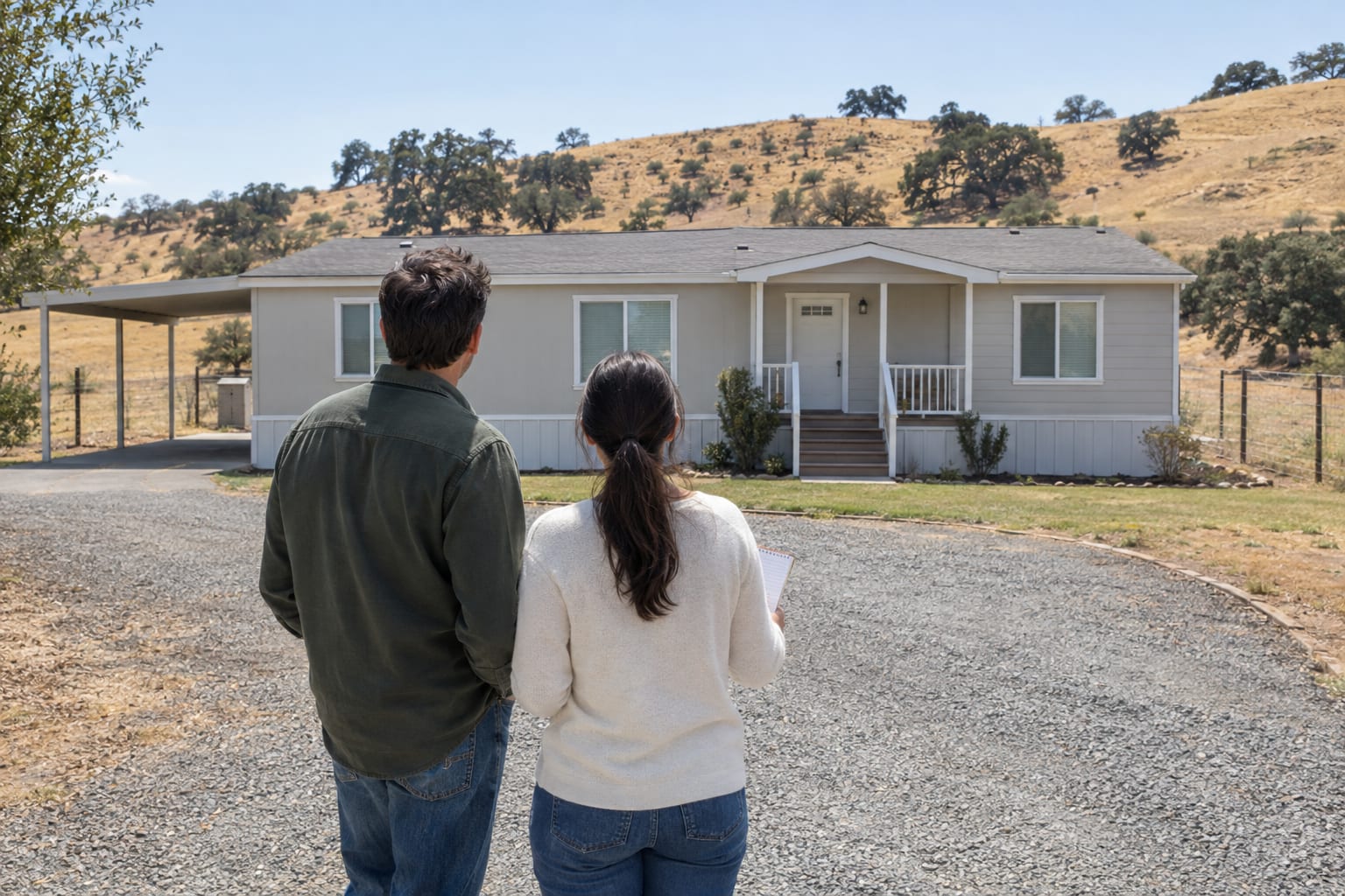Two people seen from behind on a gravel driveway, one holding a notepad, looking toward a manufactured home on a rural lot