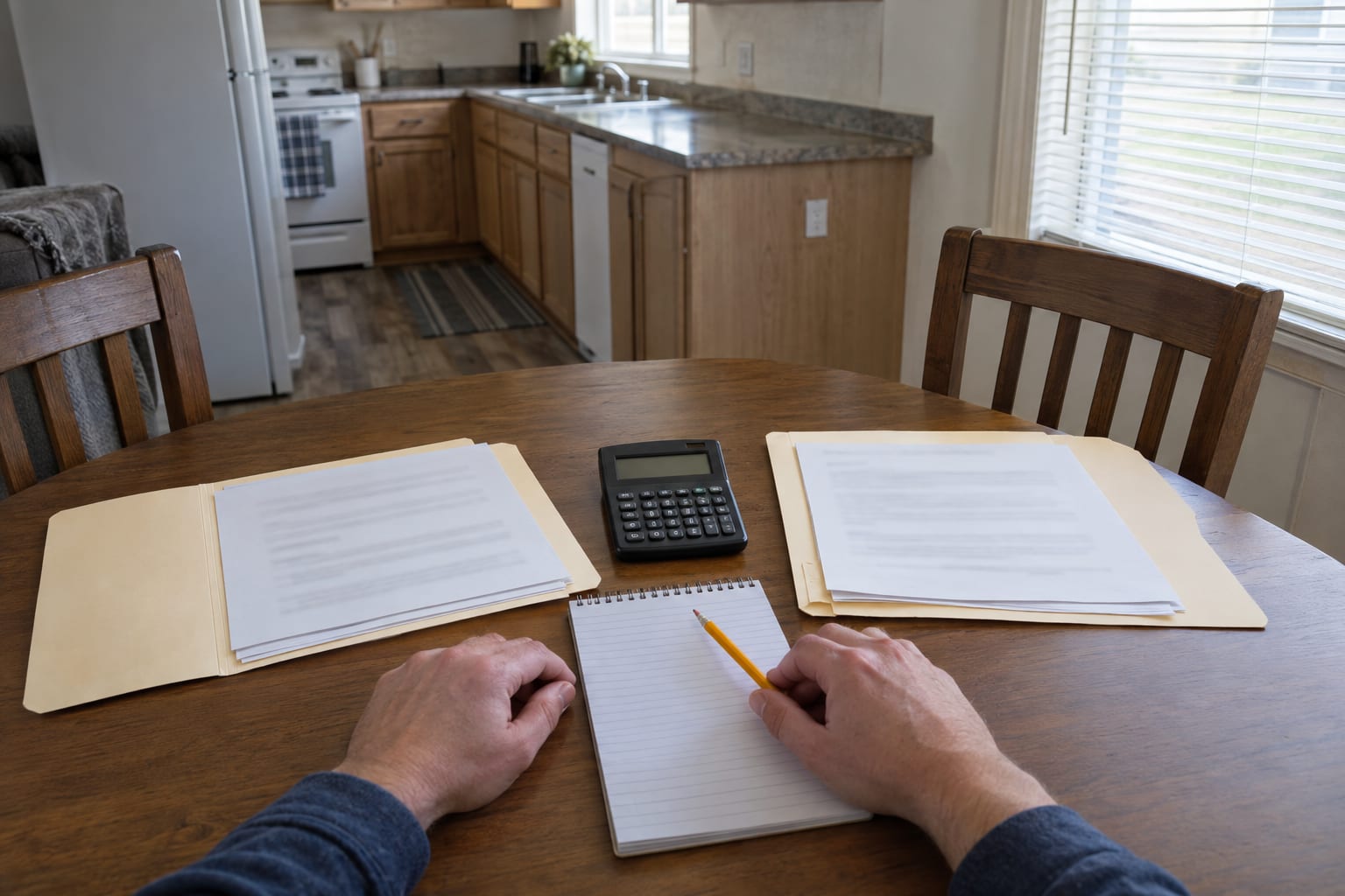 Two plain folders of papers side by side on a small dining table with a calculator and a notepad, and a pair of hands resting on the notepad