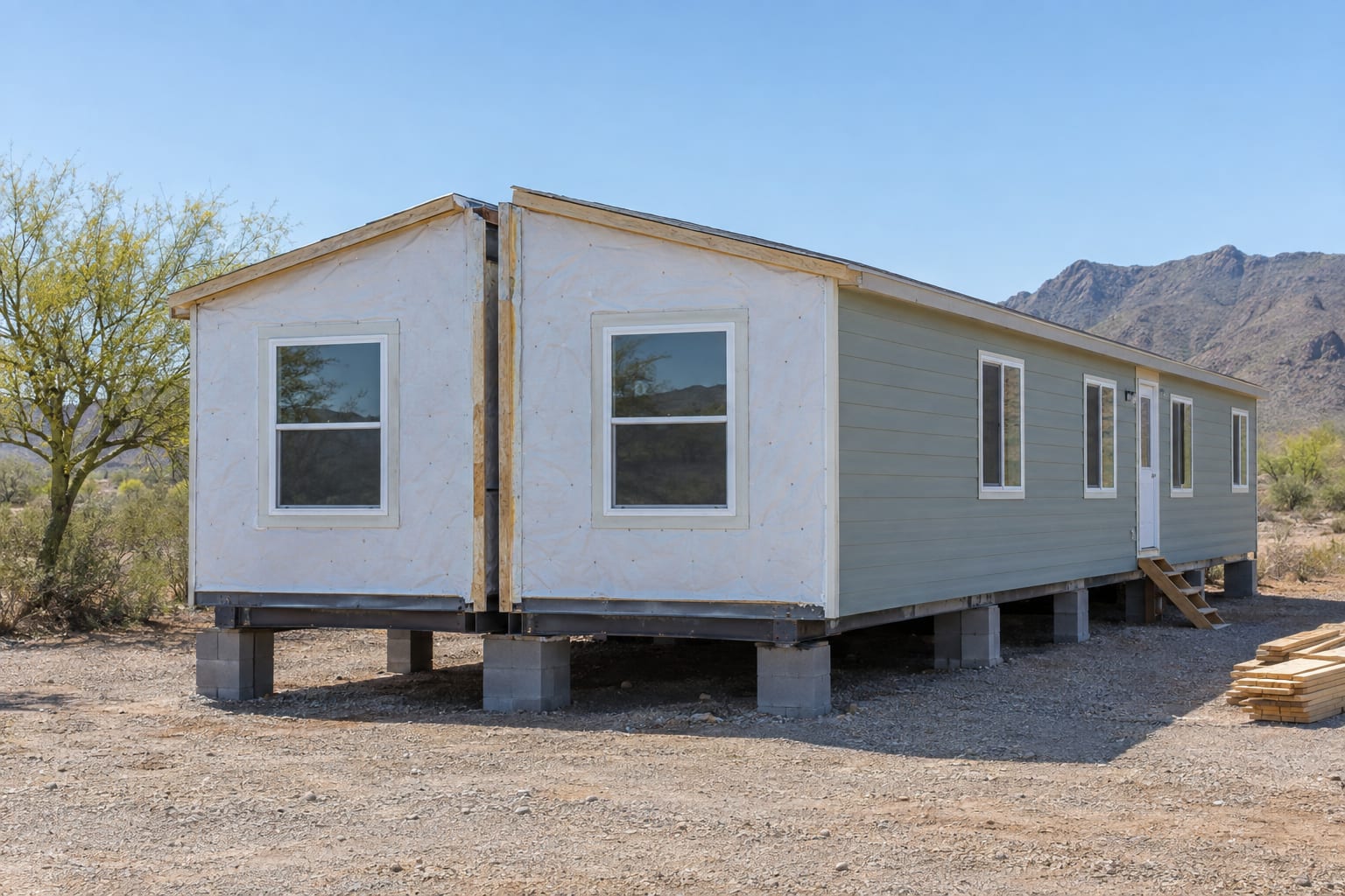 Two sections of a new double-wide manufactured home resting on piers with a narrow gap between them, before being joined.