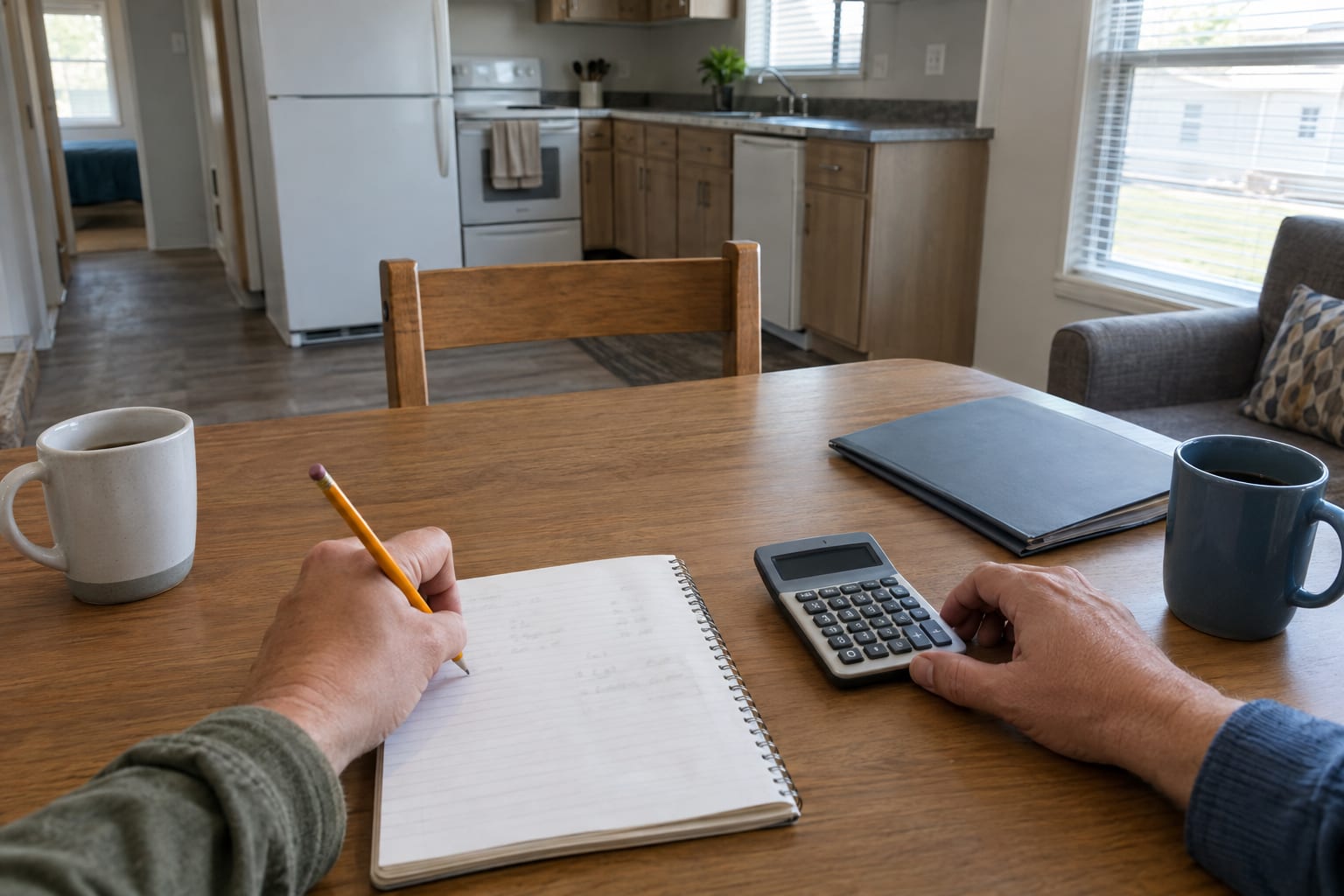 Two pairs of hands at a dining table with an open notebook, a pocket calculator and two coffee mugs, seen from above