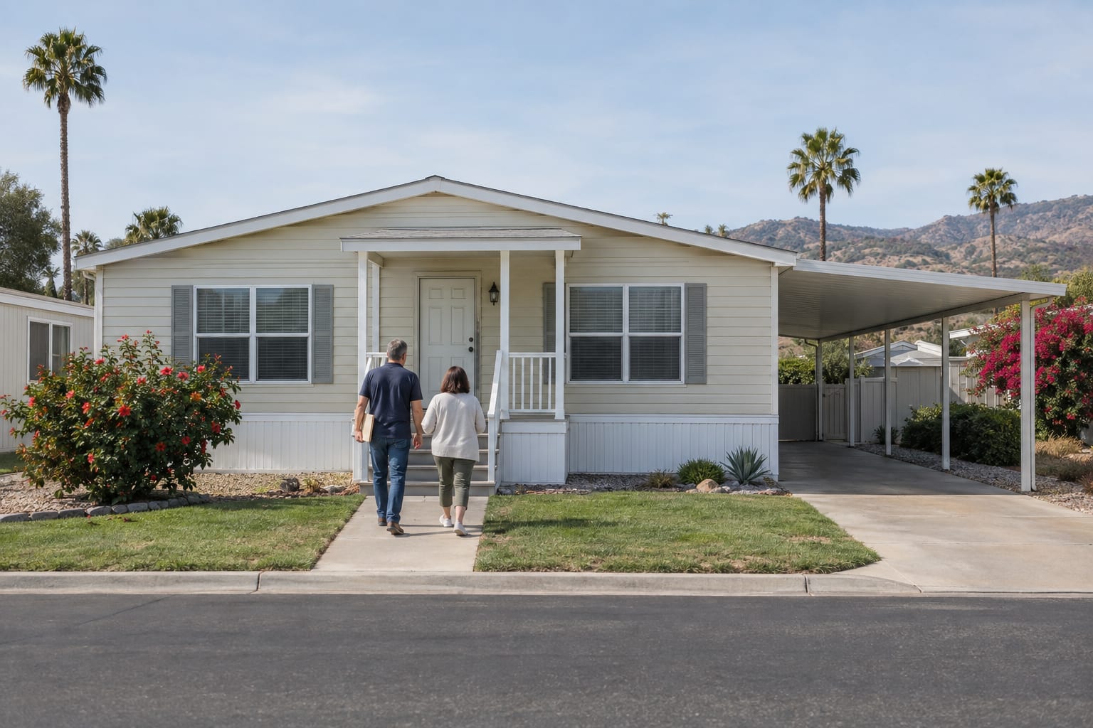Two people seen from behind walking toward the front steps of a double-wide manufactured home with a carport and a small lawn.