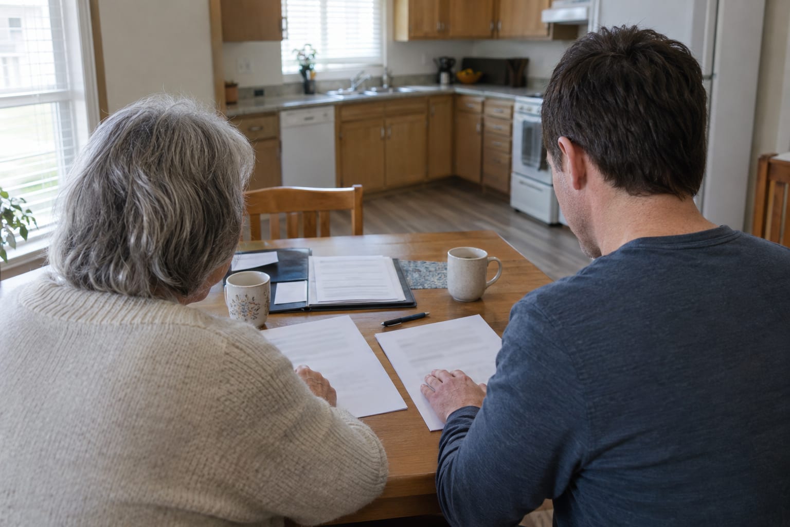 An older adult and a younger adult seen from behind, sitting together at a kitchen table with papers, a folder and two mugs.