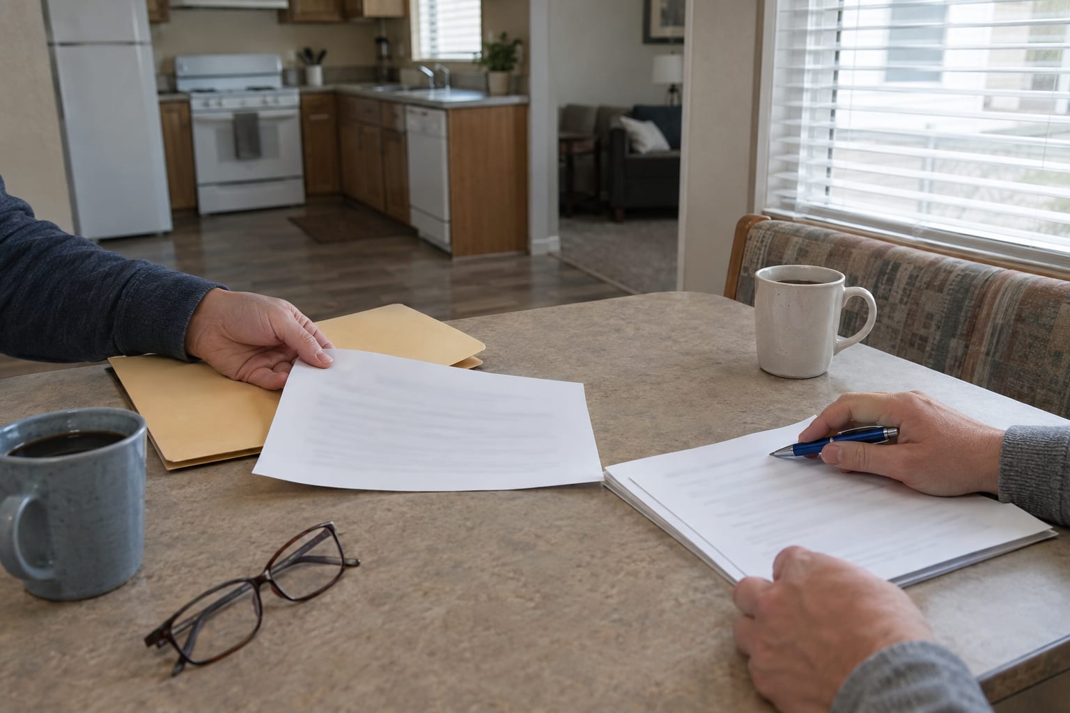 Two people's hands sorting pages from a folder across a kitchen table, with a pen, reading glasses and two coffee mugs.