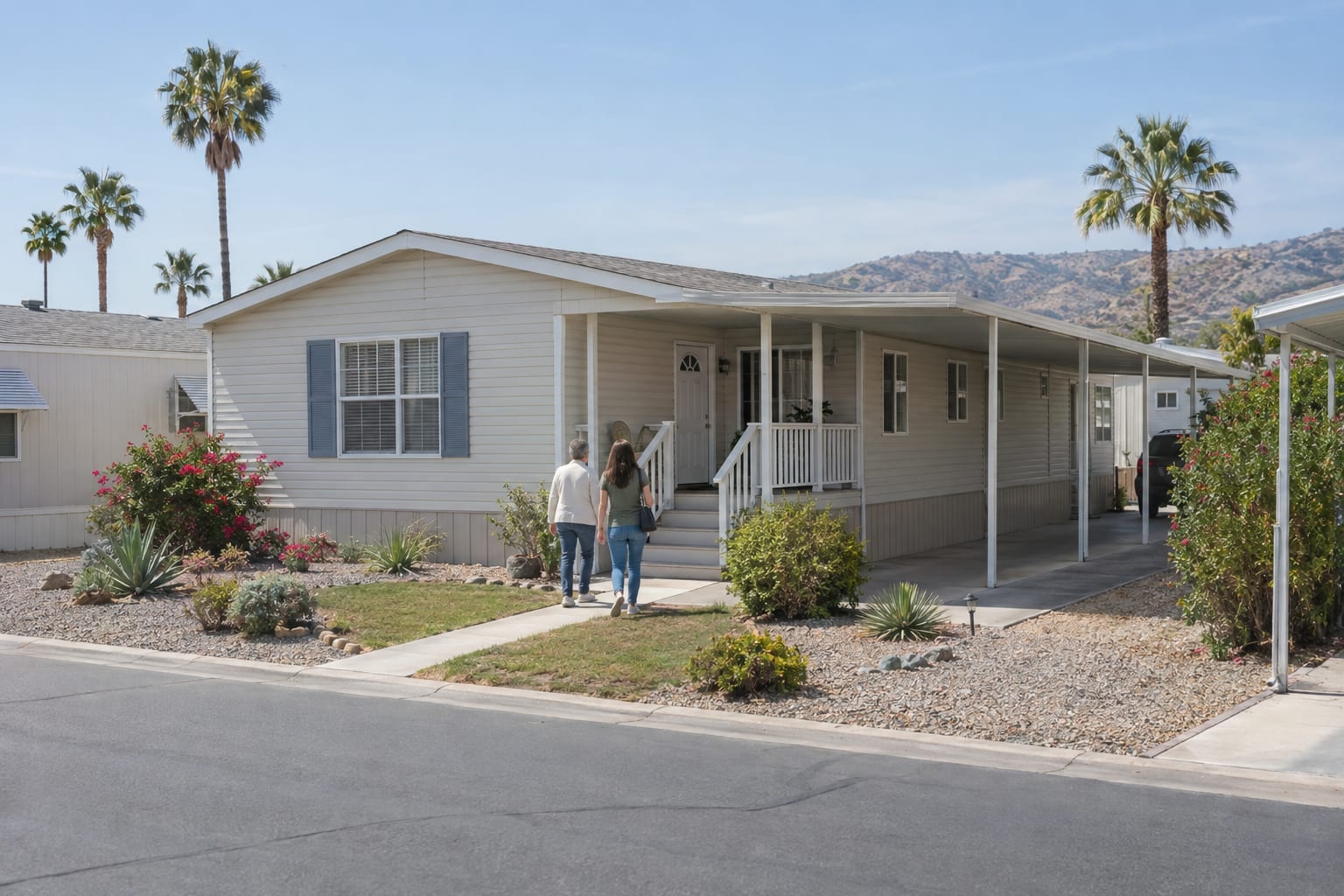 Two people seen from behind walking toward the porch of a manufactured home with a carport on a community street.
