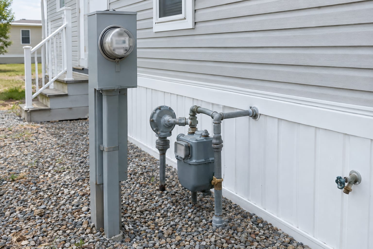 Gas and electric meters and a utility pedestal at the side of a manufactured home, beside the skirting and a strip of gravel