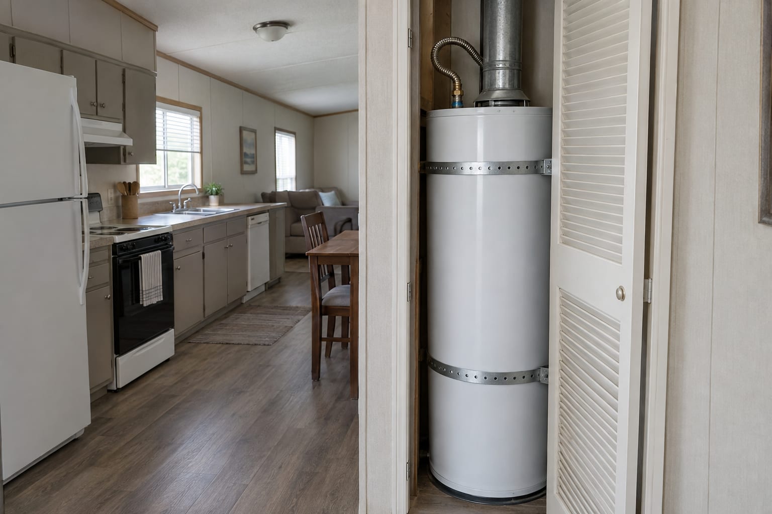 A tank water heater in a utility closet held to the wall by two metal straps, one high and one low.