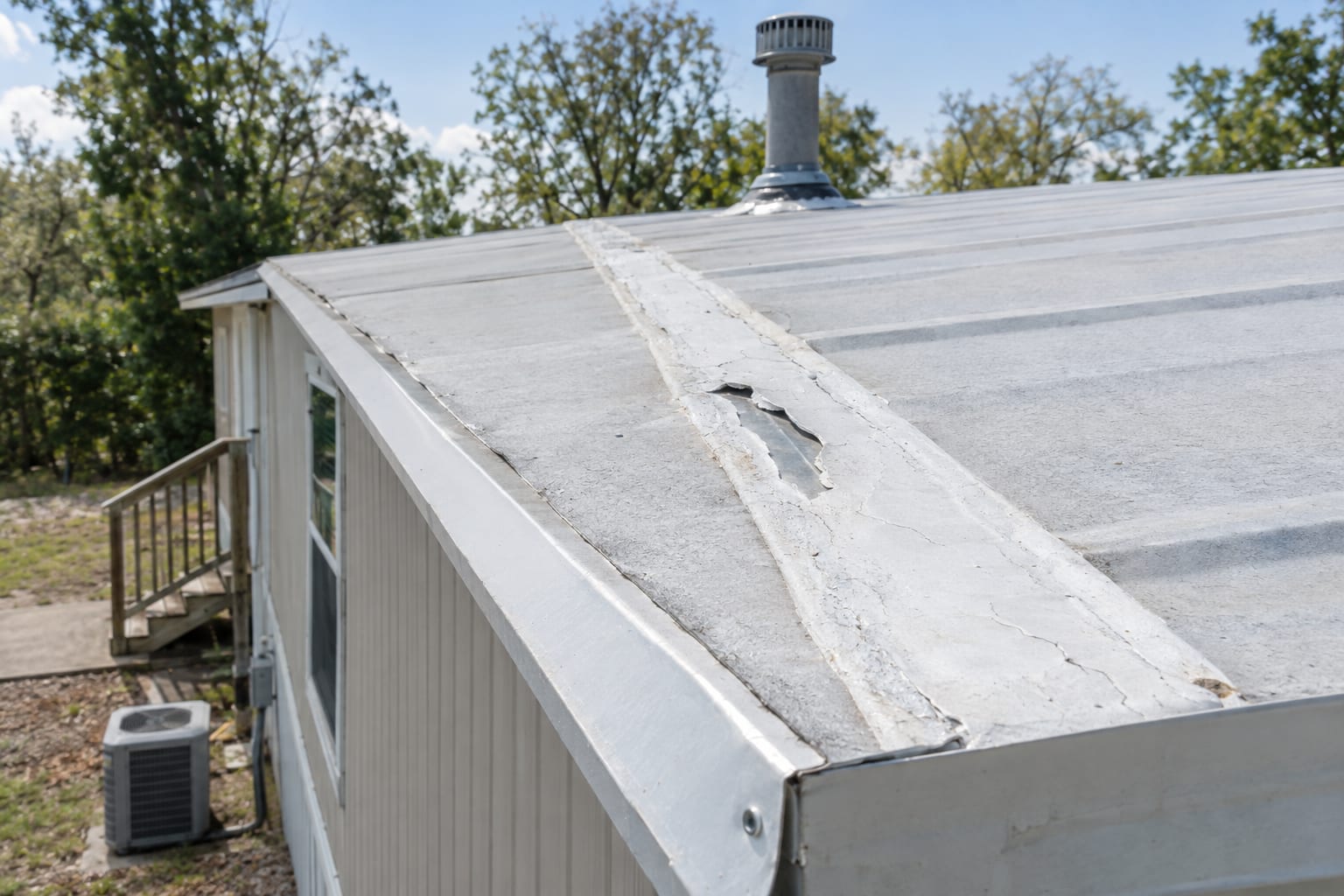 Weathered, cracking coating along a seam on the low-slope metal roof of an older manufactured home, with a vent pipe behind it.