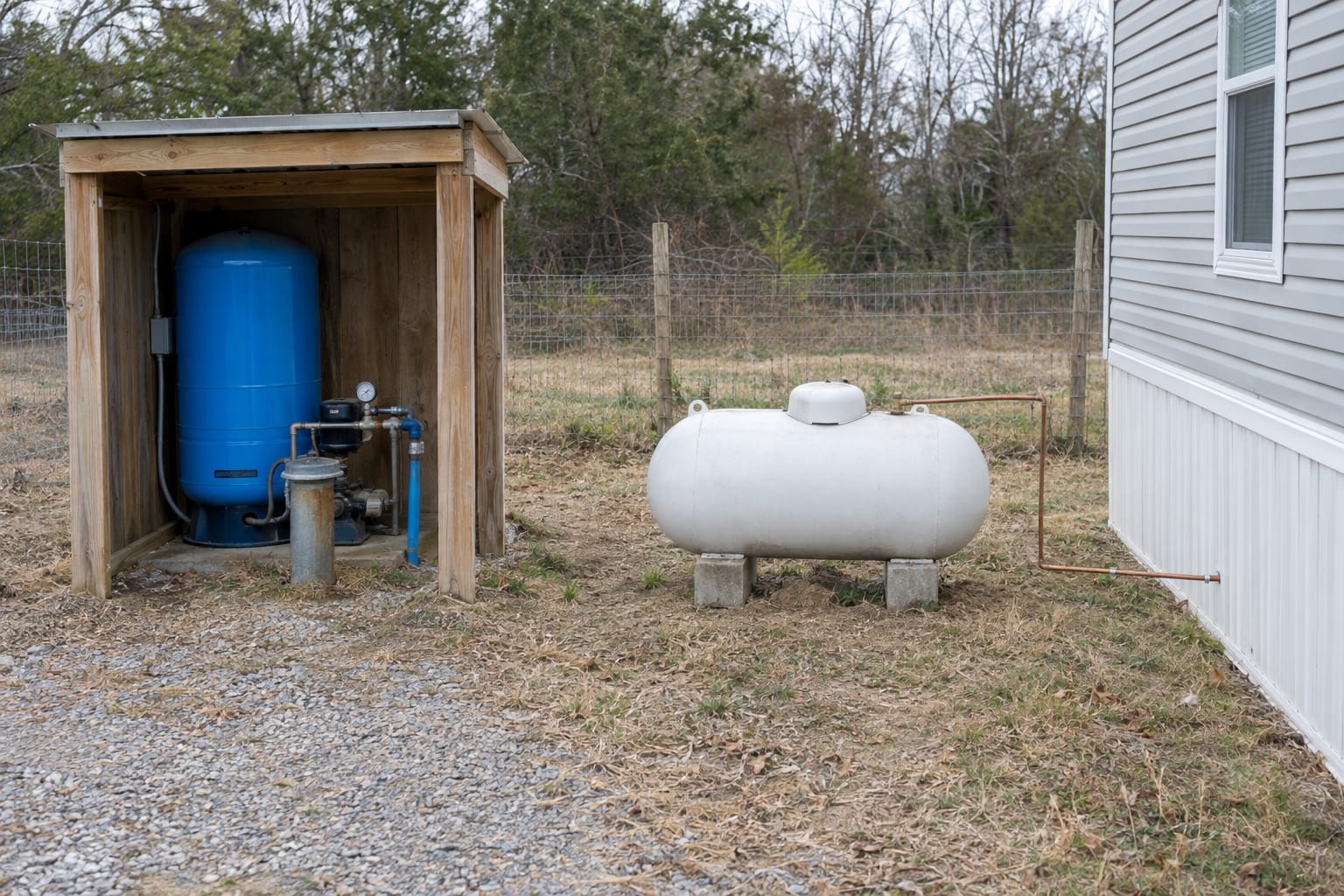 A well pressure tank in a small wooden shelter and a white propane tank beside the end wall of a manufactured home on rural land.