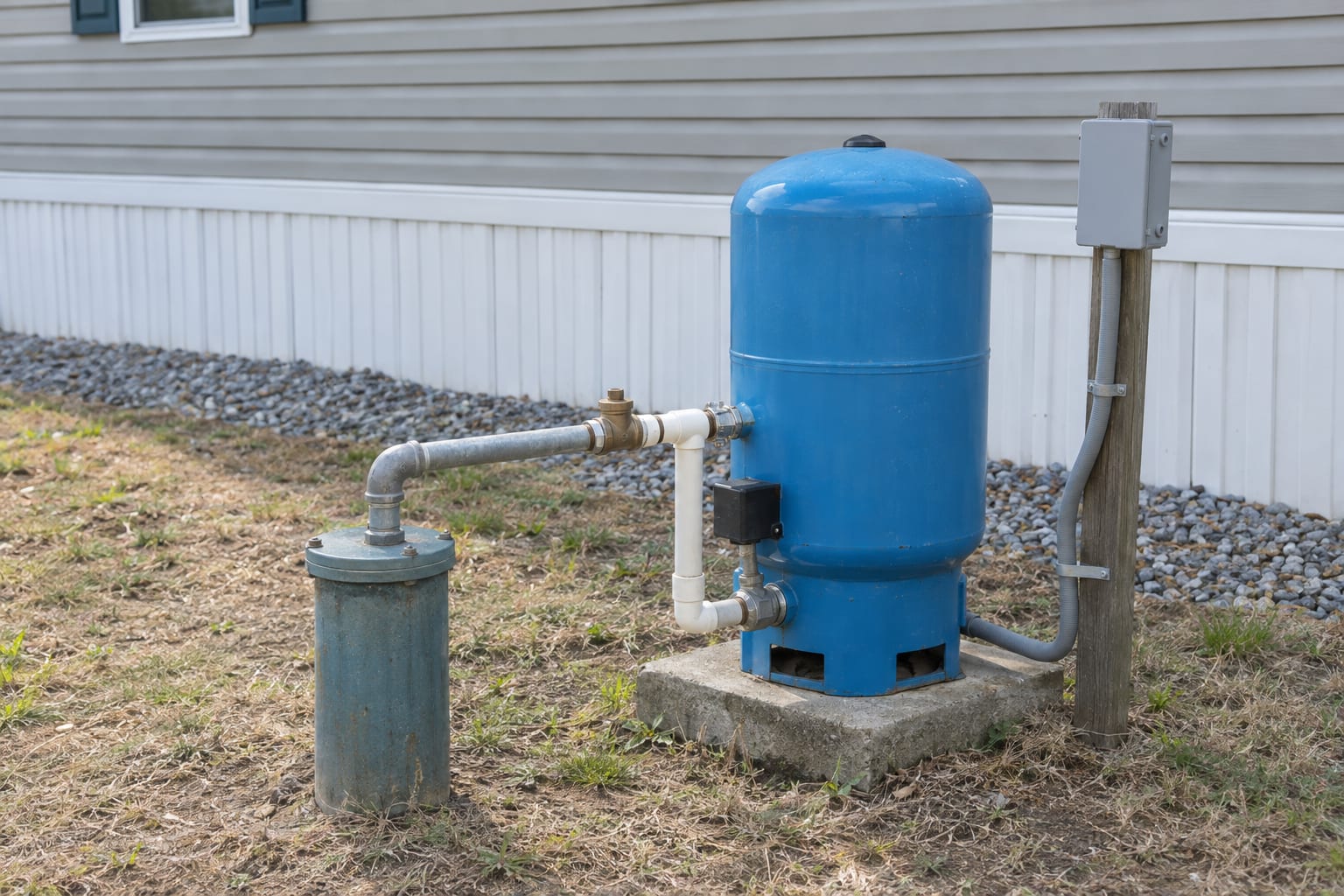 A wellhead and a blue pressure tank on a concrete pad beside the skirting of a manufactured home on a rural lot.