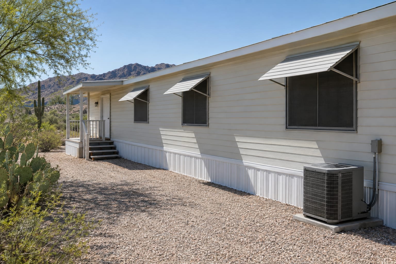 The side of a manufactured home with awnings and sun screens over its windows and an air conditioner unit beside the skirting.