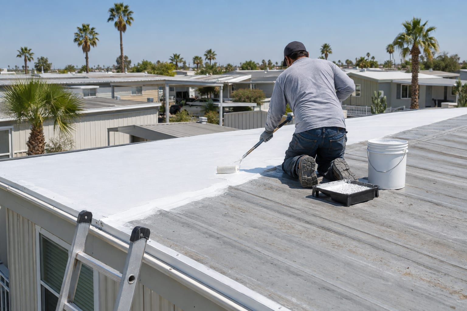 A worker seen from behind rolling white coating onto the low-pitched metal roof of a manufactured home.