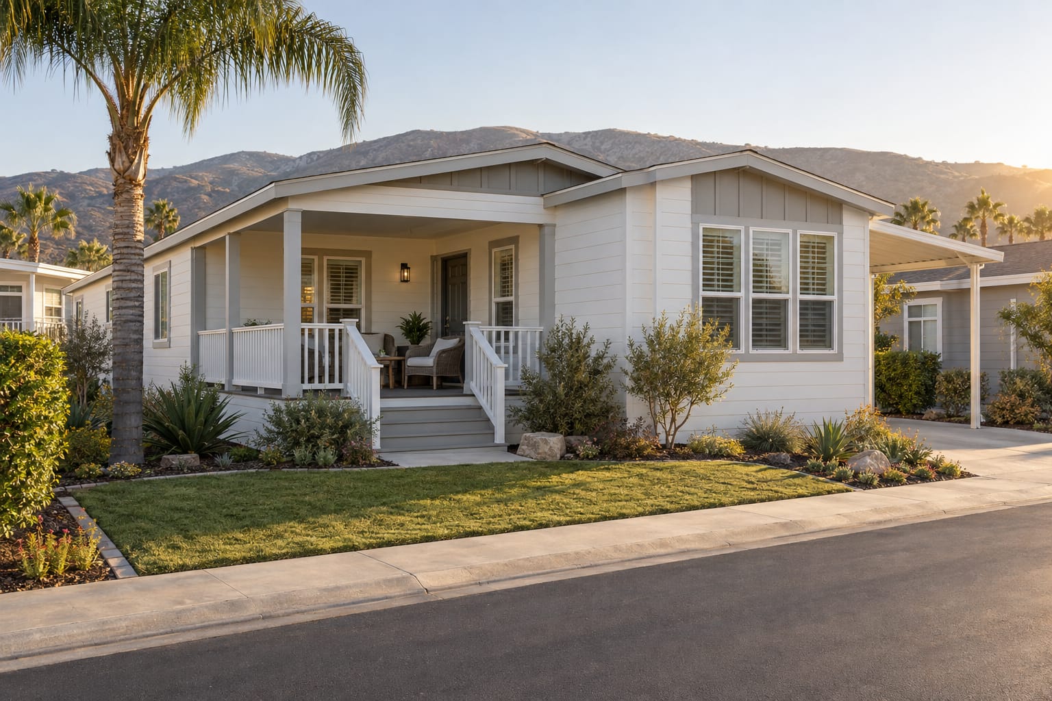 A single-story manufactured home with a covered front porch on a quiet community street in Southern California