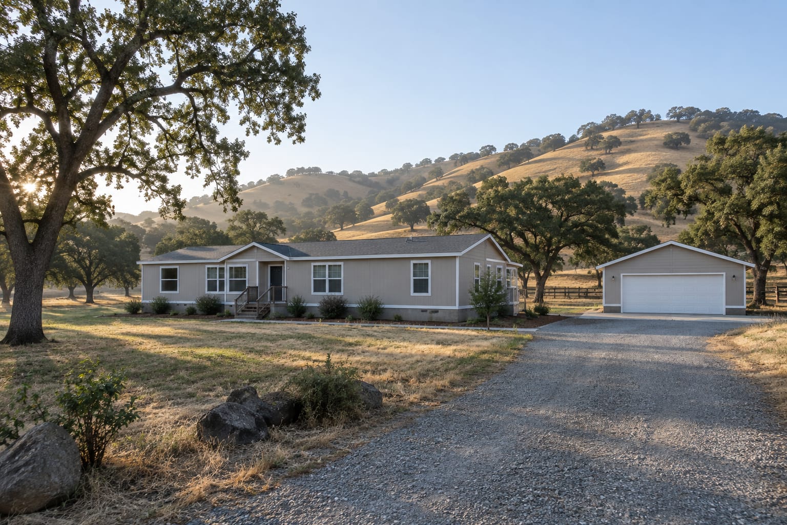 Casa manufacturada sobre un cimiento permanente, con un garaje separado, en un terreno rural propio con colinas cubiertas de robles al fondo